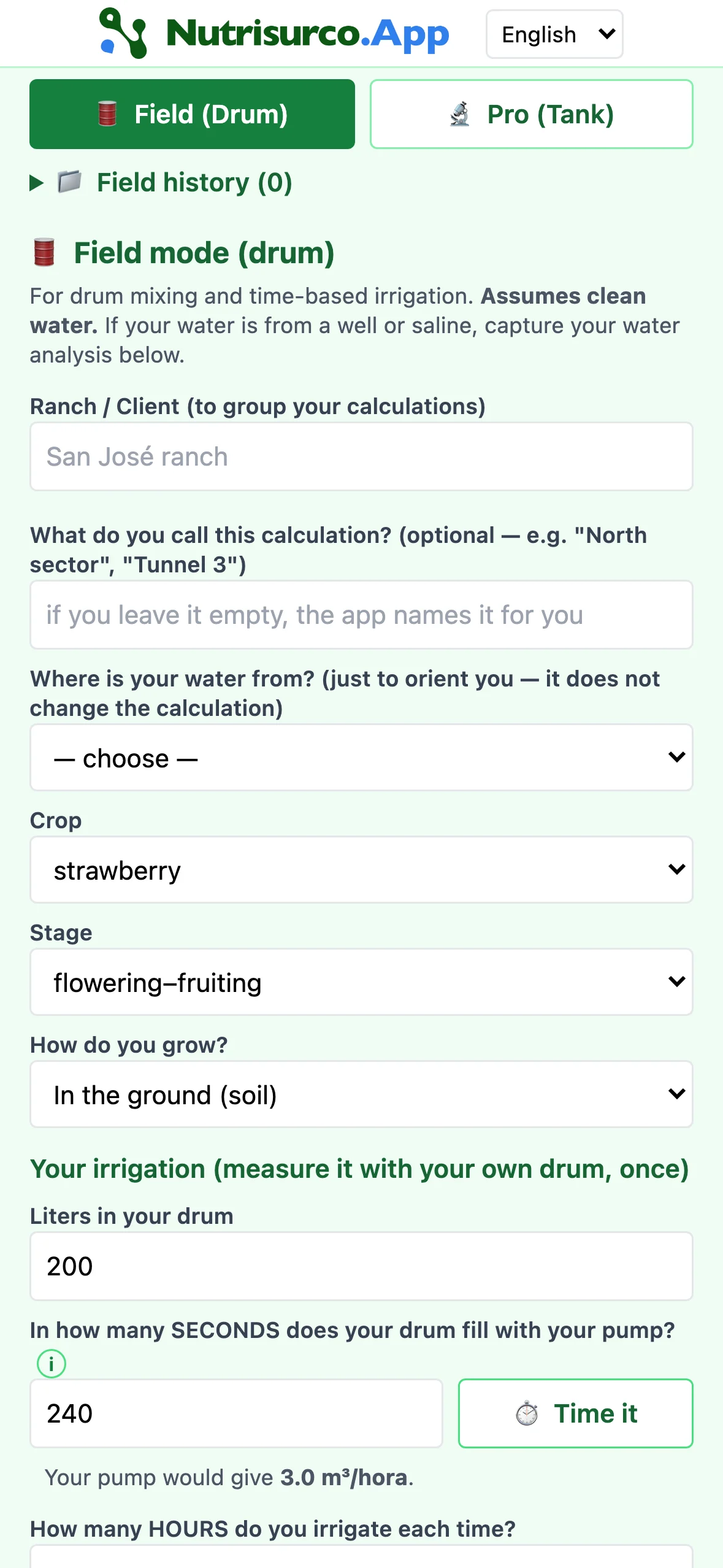 Field mode: the Field (Drum) / Pro (Tank) switch and the form with the crop, the stage and the drum fill-time already entered