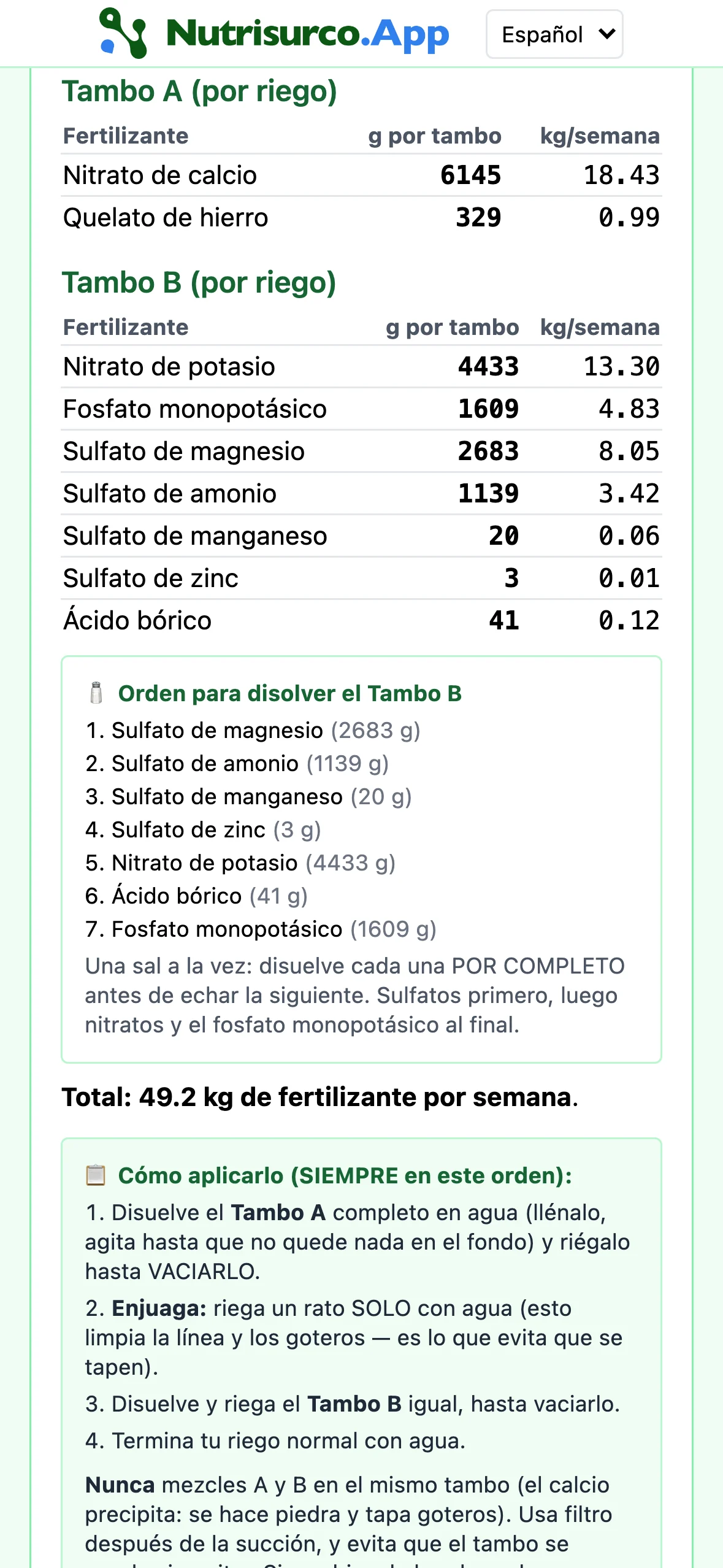 Modo Campo: los gramos por Tambo A y Tambo B para cada riego, los kilos por semana y el orden para disolver las sales